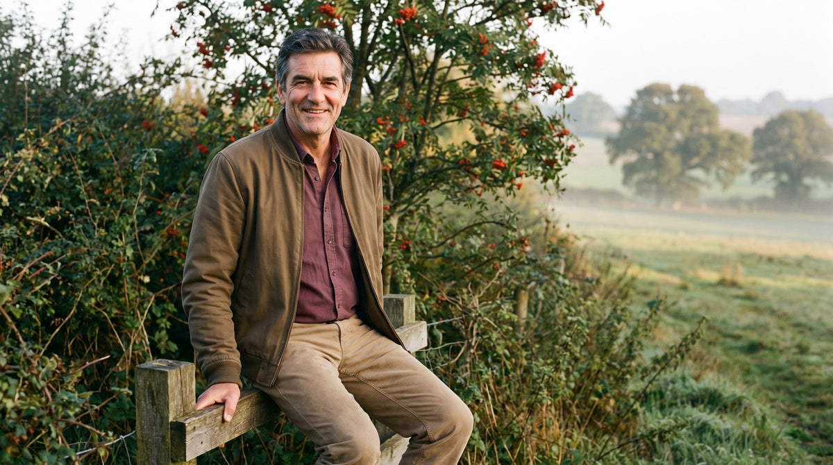 Man in an olive bomber jacket and sand trousers beside a rowan tree in autumn