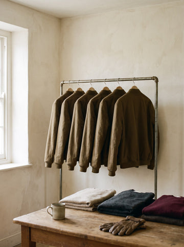 A short rail of olive bomber jackets