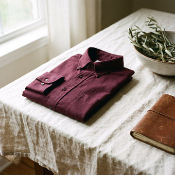A single folded burgundy oxford shirt