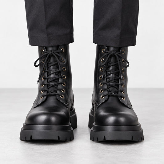 Black leather lace up combat boots