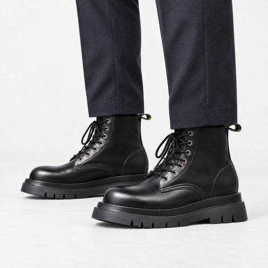 Black leather lace up combat boots