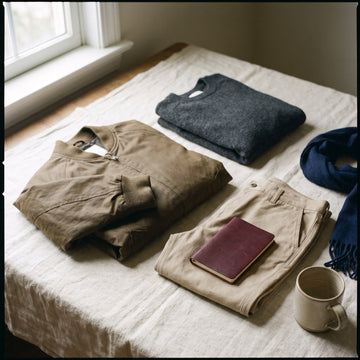Folded olive brown bomber jacket on cream linen