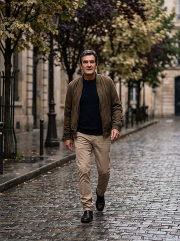 Man in an olive bomber jacket walking a cobbled street in autumn