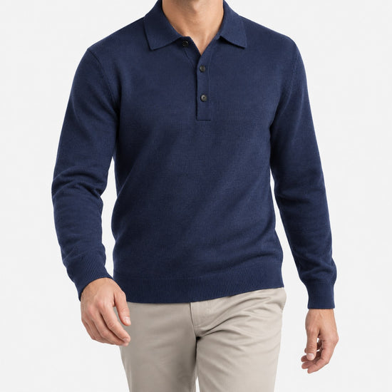 Fine knit button collar wool blend sweater
