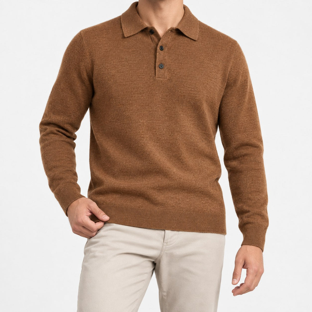 Fine knit button collar wool blend sweater