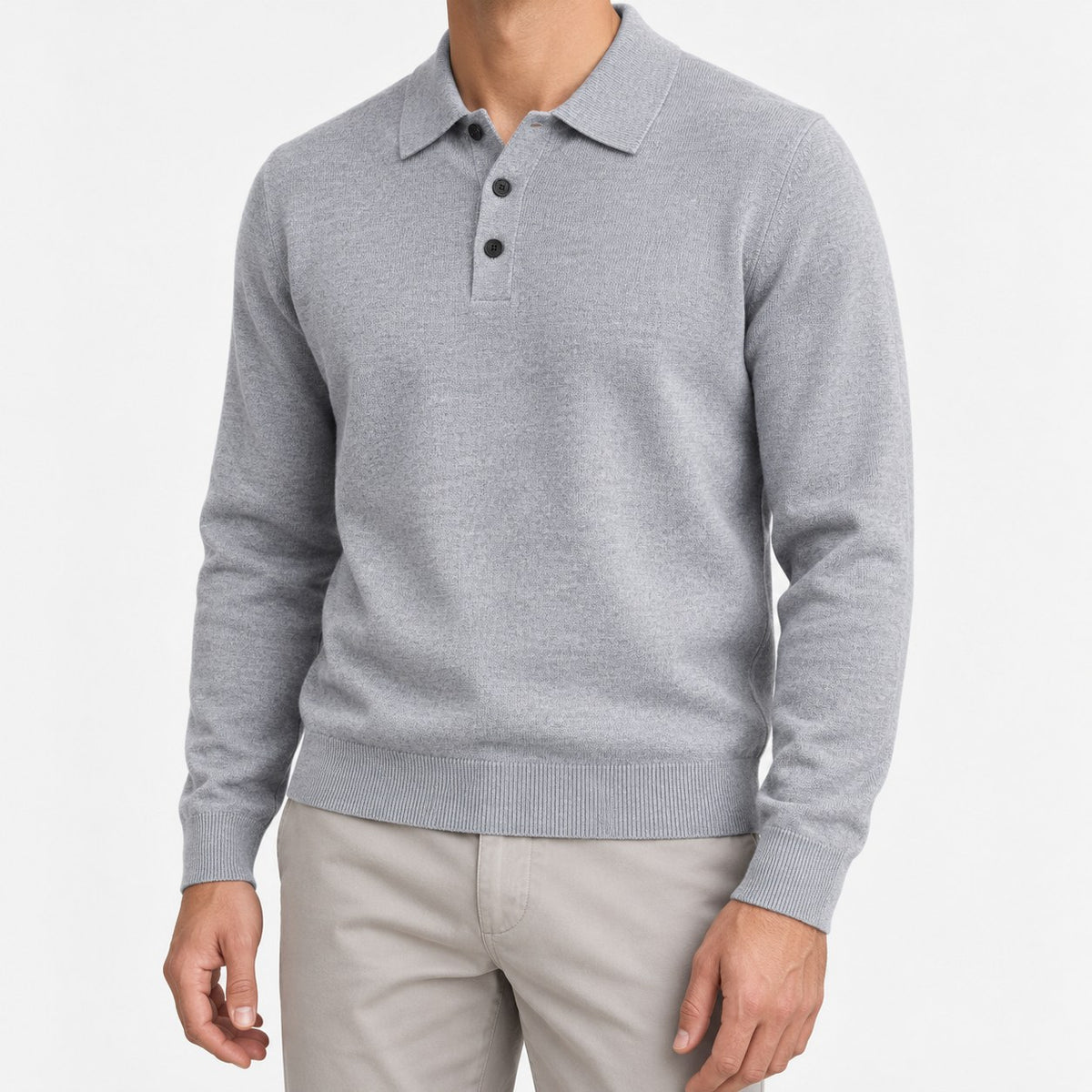 Fine knit button collar wool blend sweater