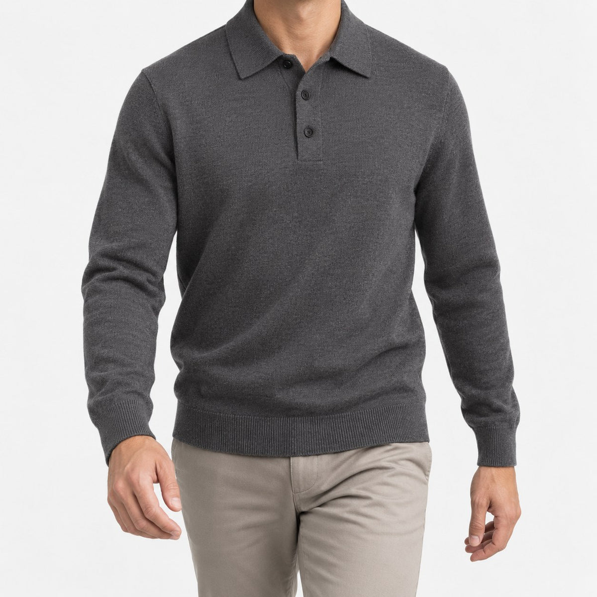 Fine knit button collar wool blend sweater