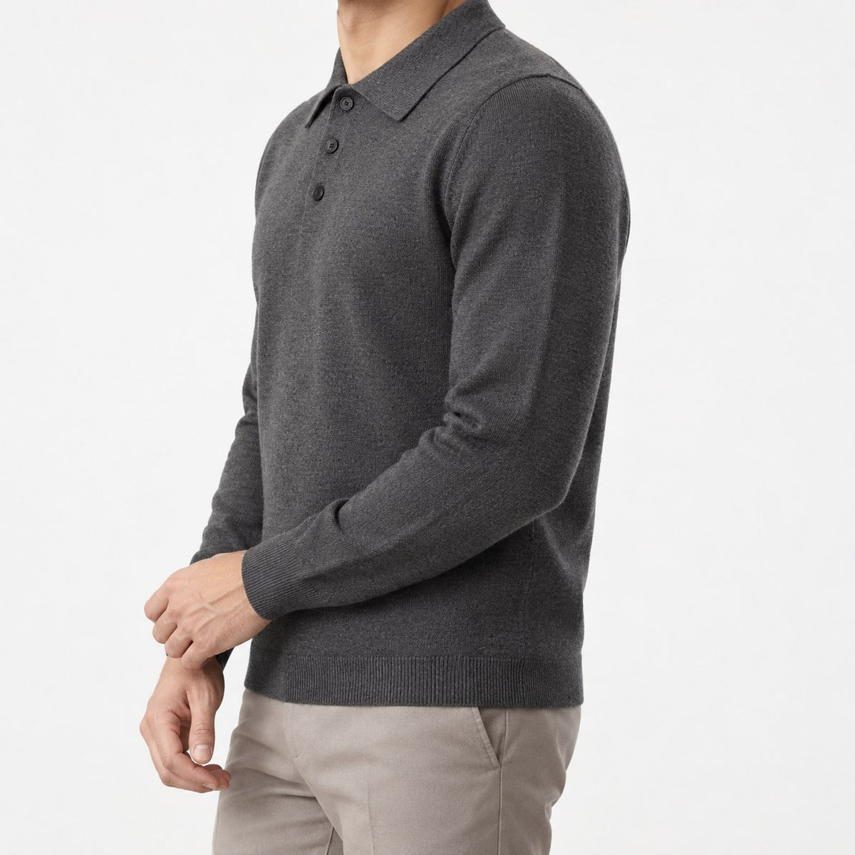 Fine knit button collar wool blend sweater