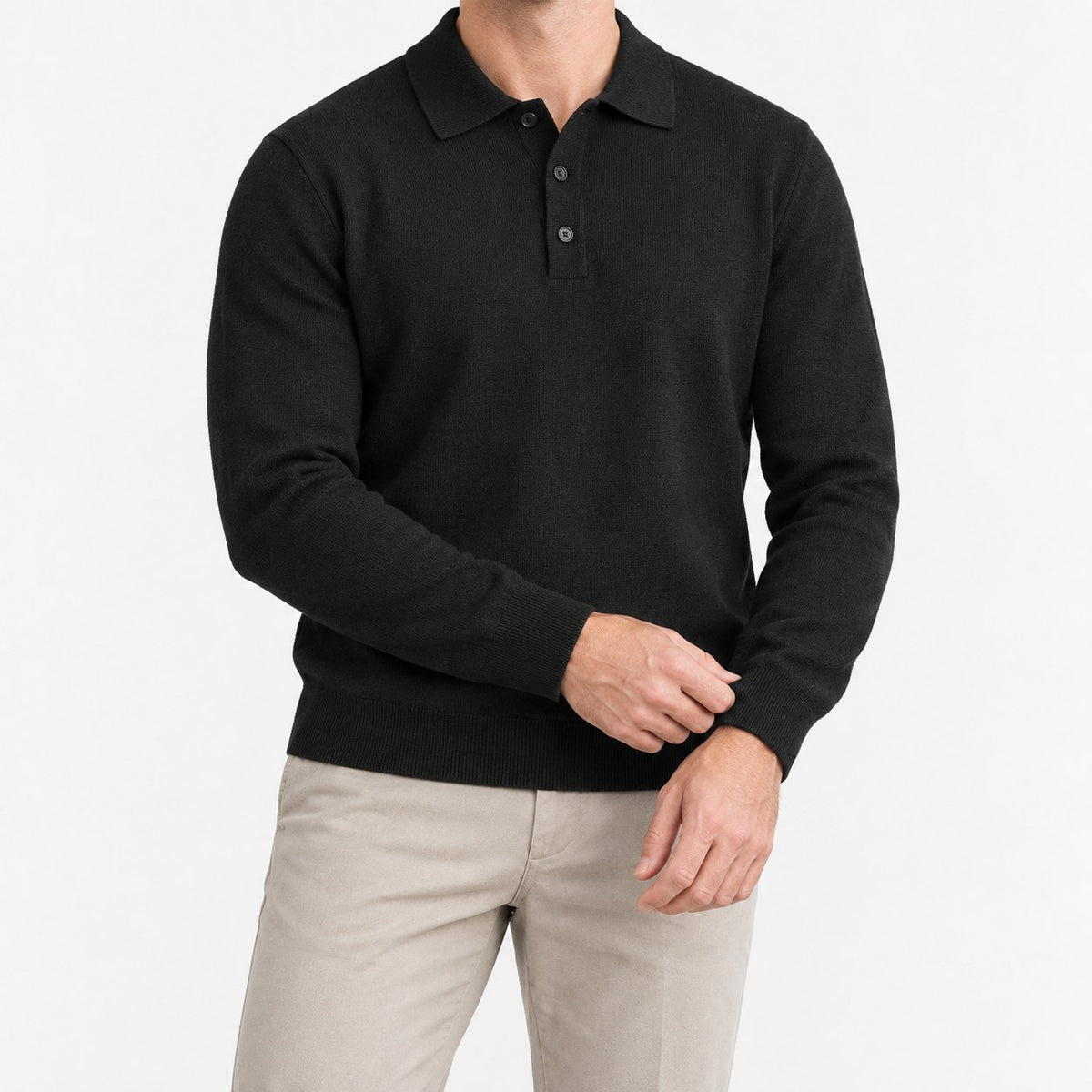 Fine knit button collar wool blend sweater
