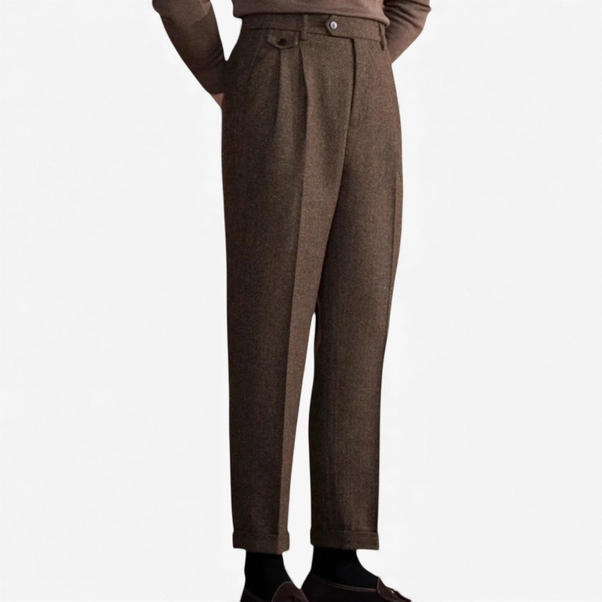 Italian wool herringbone pattern straight pants