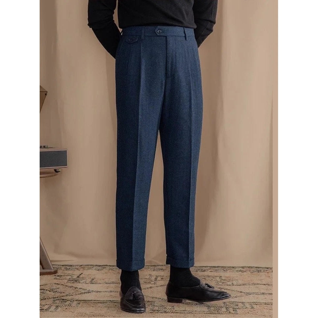 Italian wool herringbone pattern straight pants