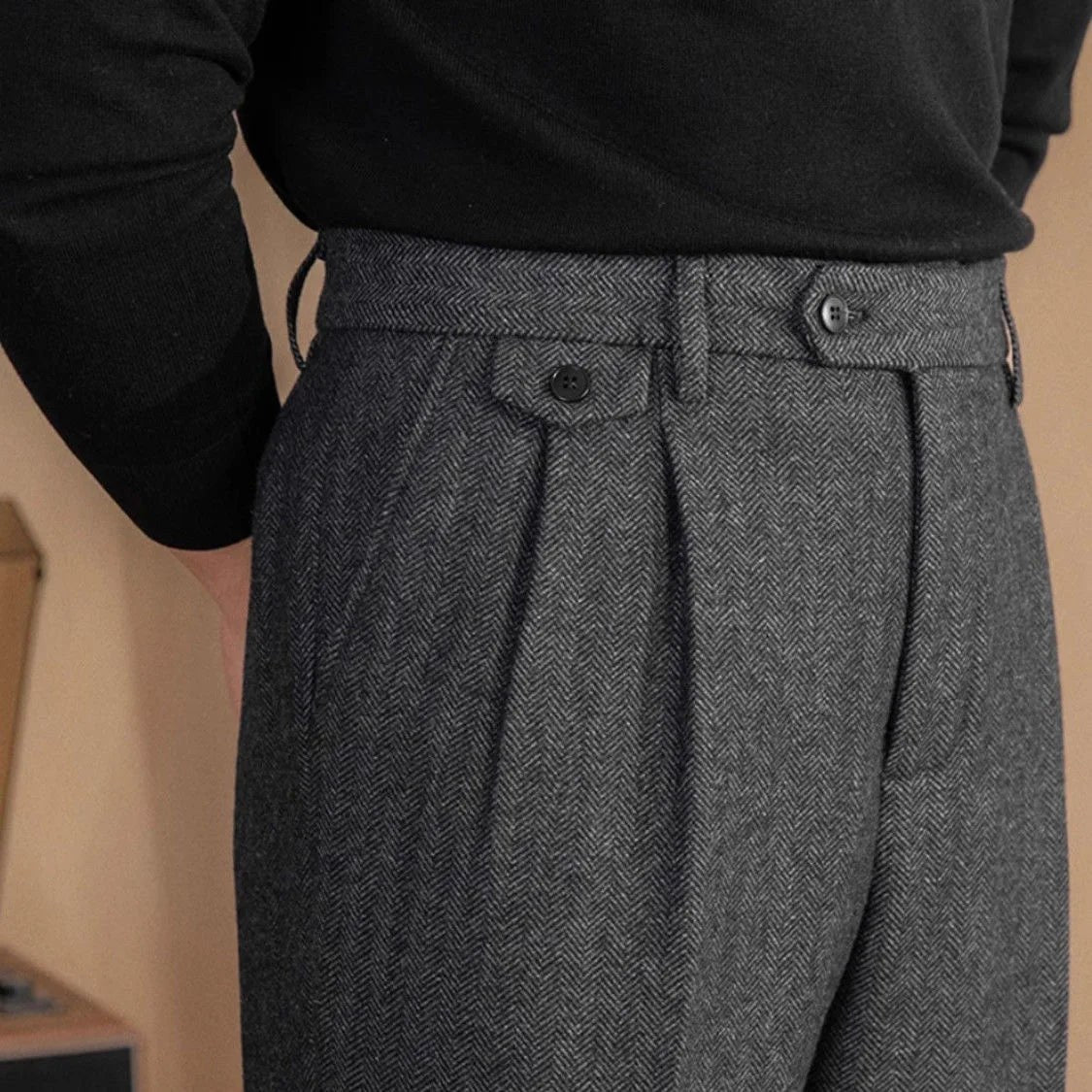 Italian wool herringbone pattern straight pants