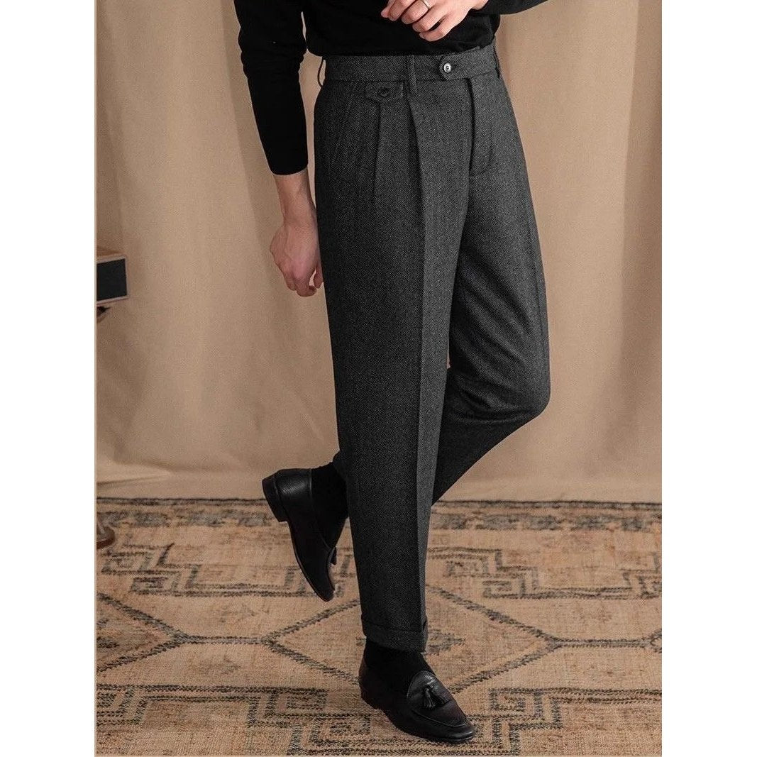 Italian wool herringbone pattern straight pants