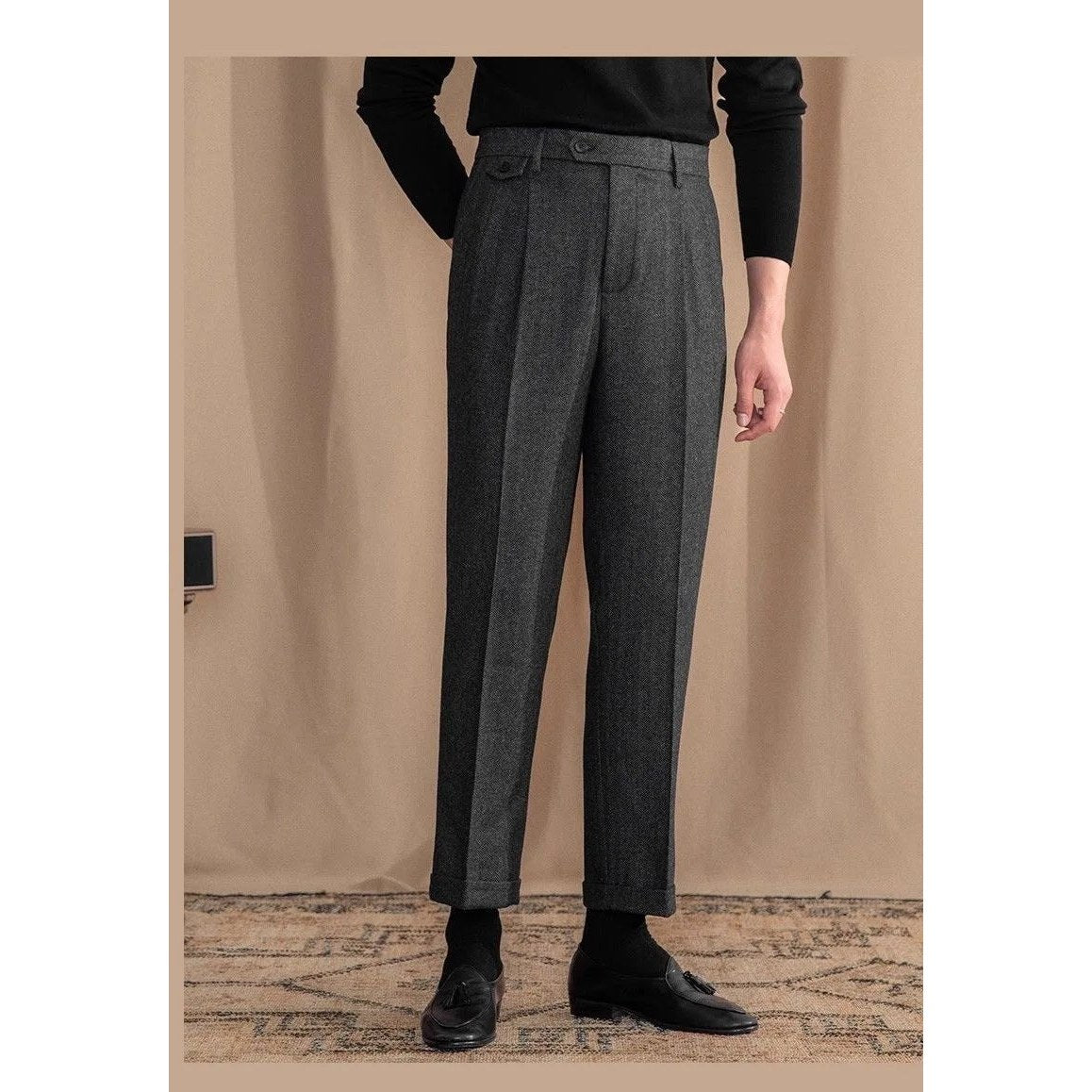 Italian wool herringbone pattern straight pants