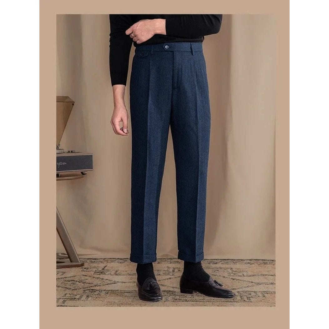 Italian wool herringbone pattern straight pants