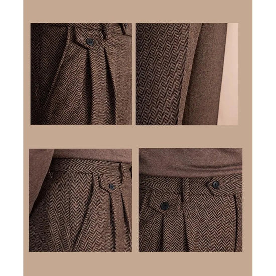 Italian wool herringbone pattern straight pants