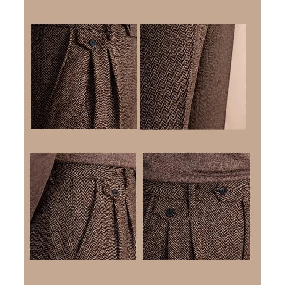 Italian wool herringbone pattern straight pants