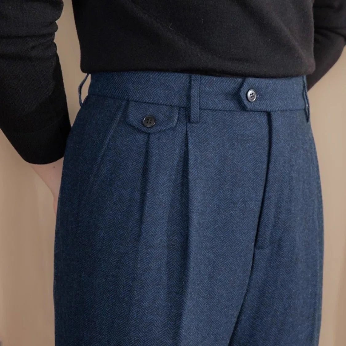 Italian wool herringbone pattern straight pants