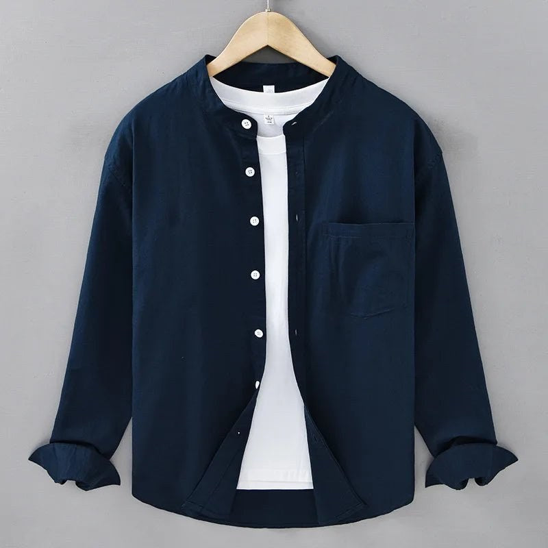 Japanese cotton-linen mandarin-collar shirt