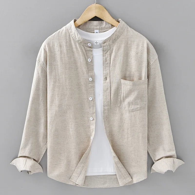 Japanese cotton-linen mandarin-collar shirt