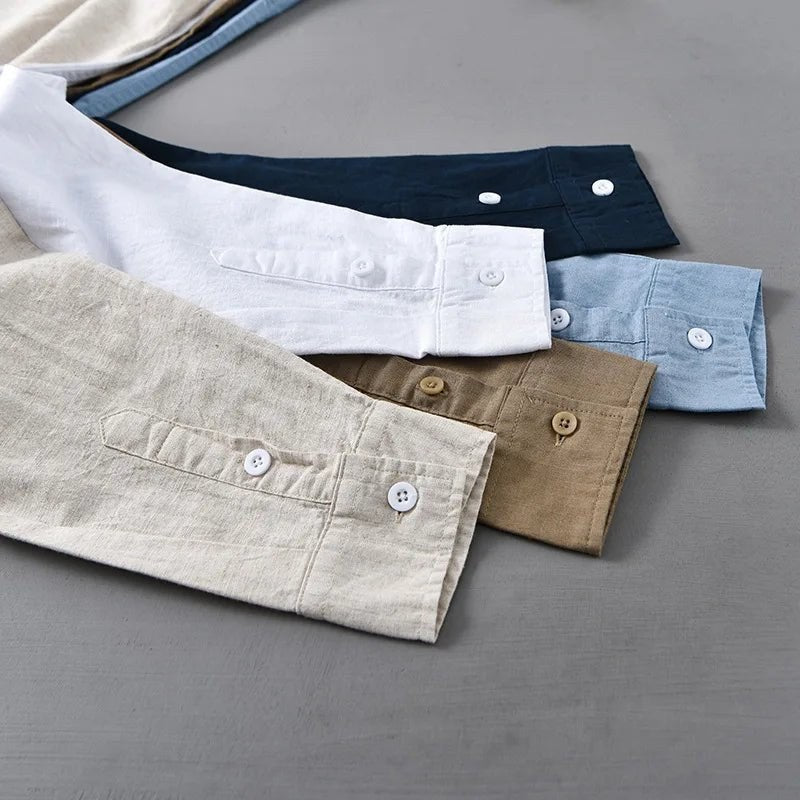 Japanese cotton-linen mandarin-collar shirt