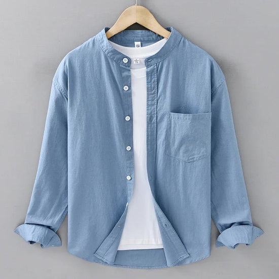 Japanese cotton-linen mandarin-collar shirt