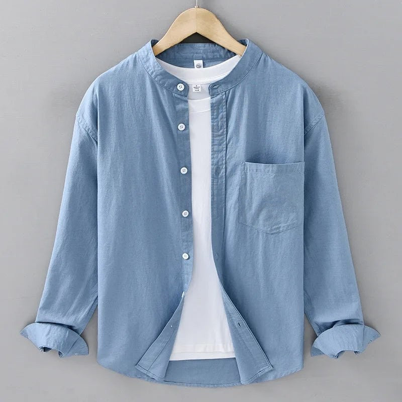 Japanese cotton-linen mandarin-collar shirt