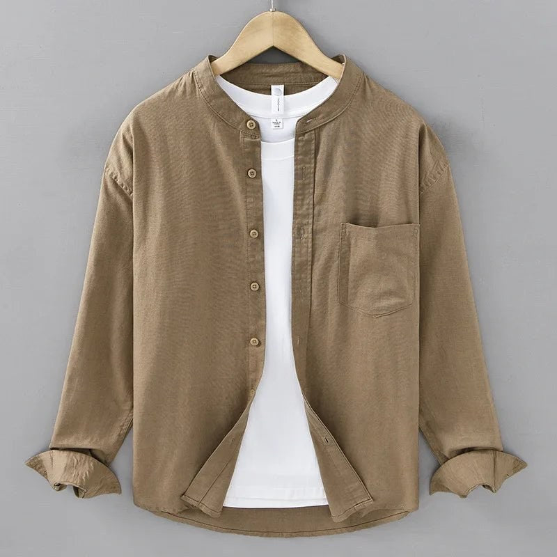 Japanese cotton-linen mandarin-collar shirt