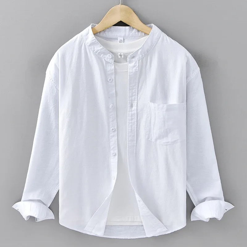 Japanese cotton-linen mandarin-collar shirt