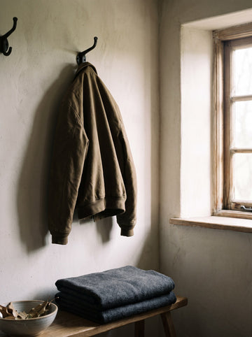 Olive brown bomber jacket hanging on an iron peg