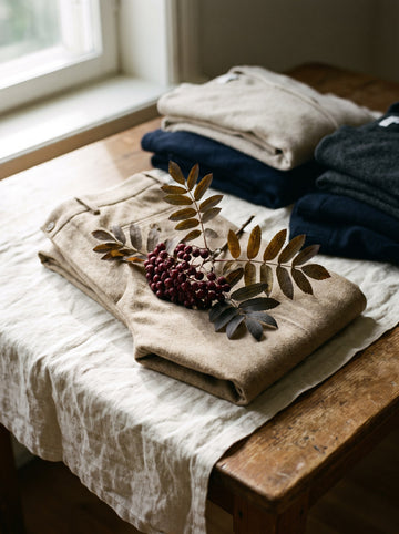 Rowan branch with red berries resting on folded sand trousers