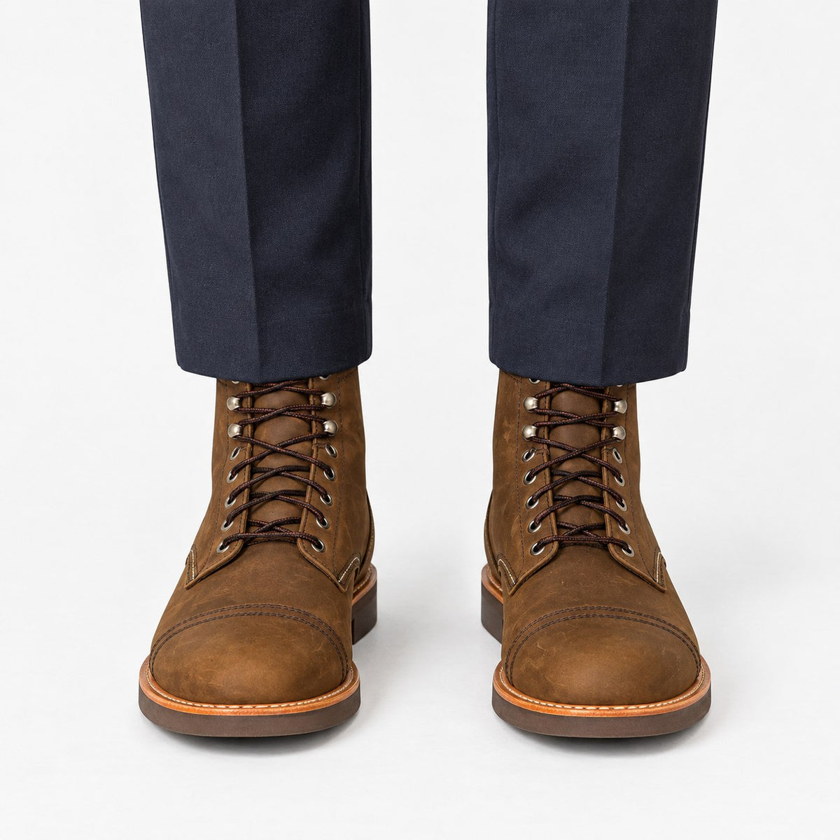 Leather cap toe lace up boots