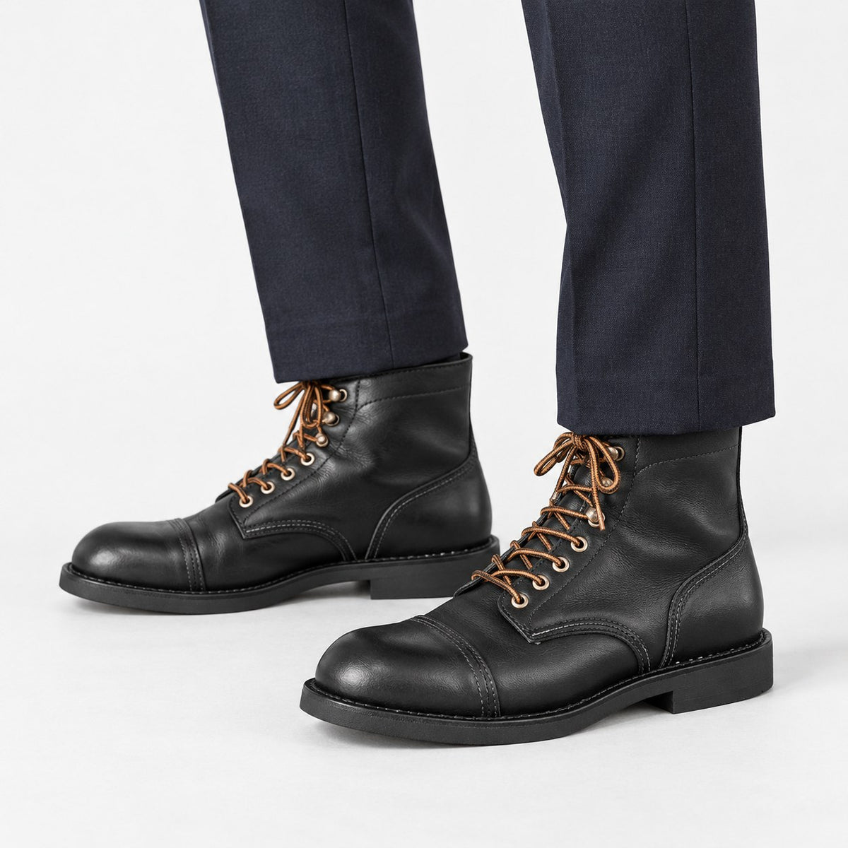 Leather cap toe lace up boots