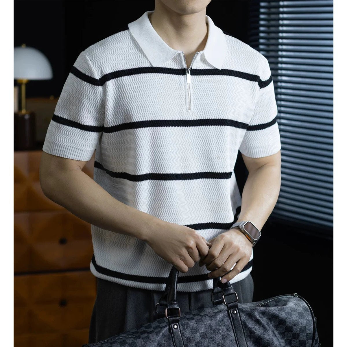 Leo striped zip polo shirt
