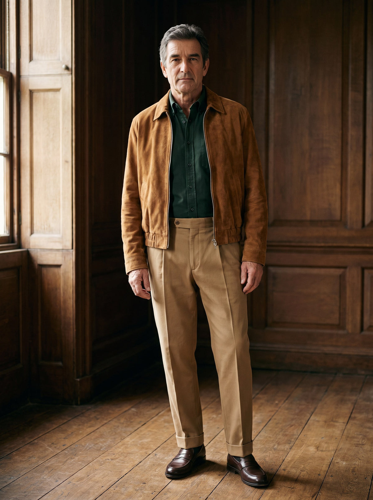Man in a brown suede blouson, dark green shirt and khaki pleated trousers