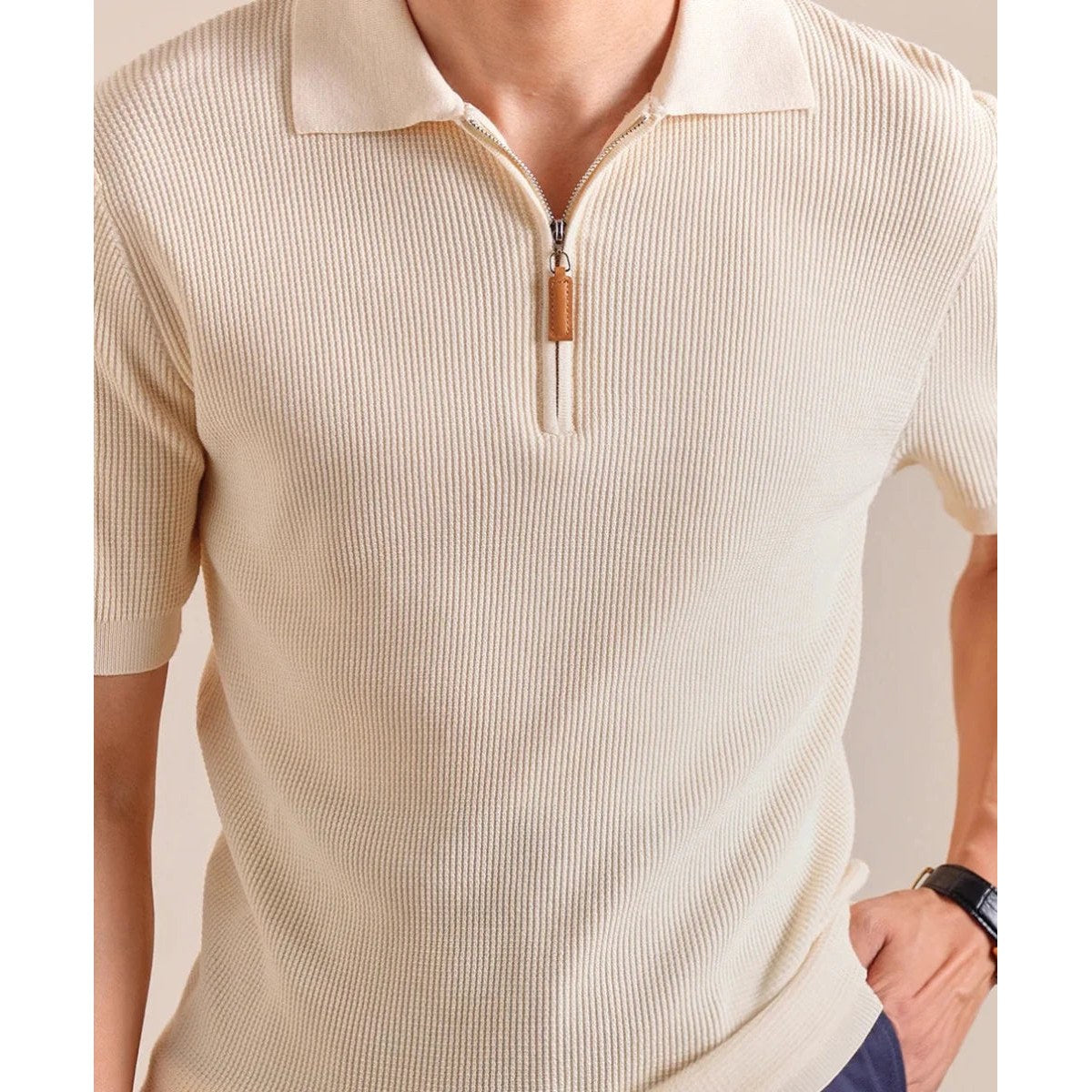 Lyocell-blend knitted zip polo shirt