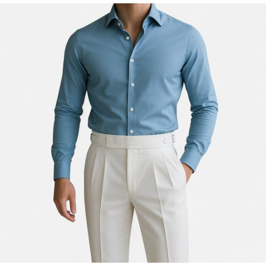 Men's baby blue shirt and white high-waist trousers set