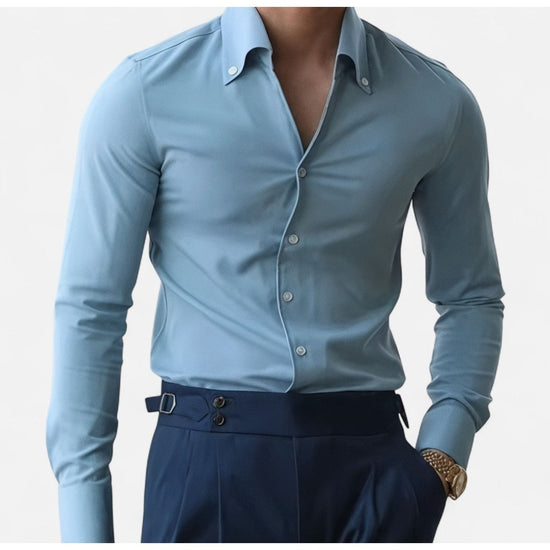 Men's baby blue shirt and white high-waist trousers set