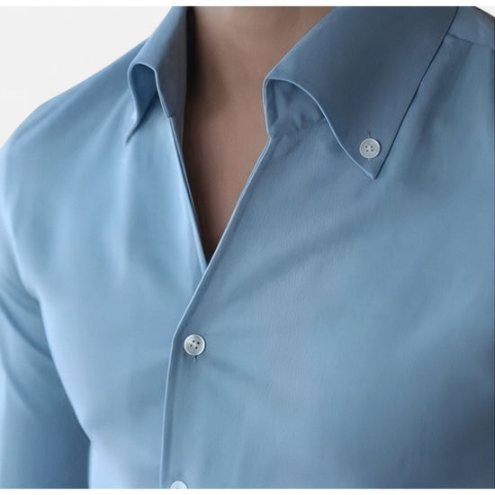 Men's baby blue shirt and white high-waist trousers set