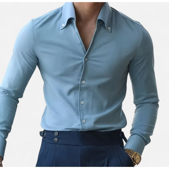 Men's baby blue shirt and white high-waist trousers set