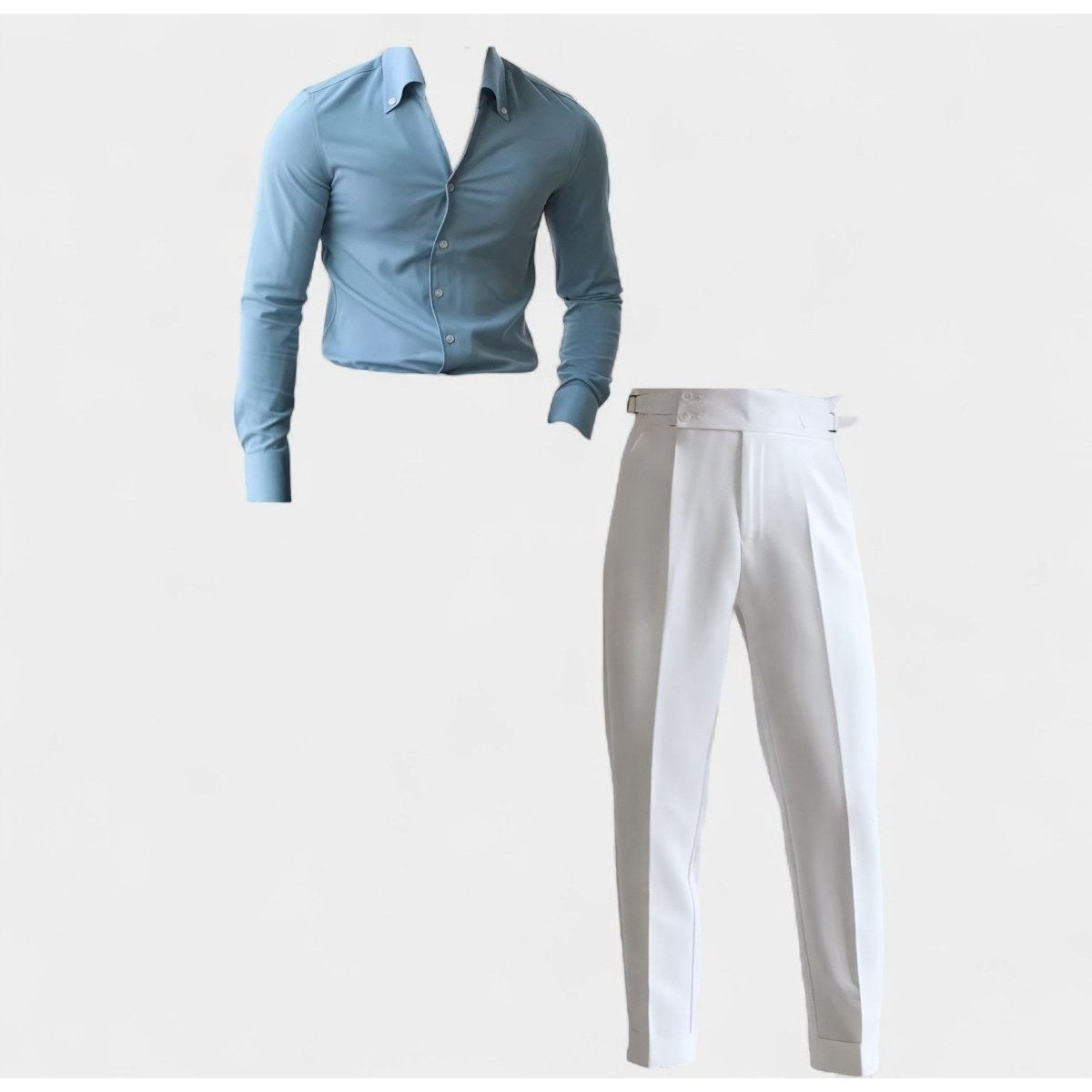 Men's baby blue shirt and white high-waist trousers set