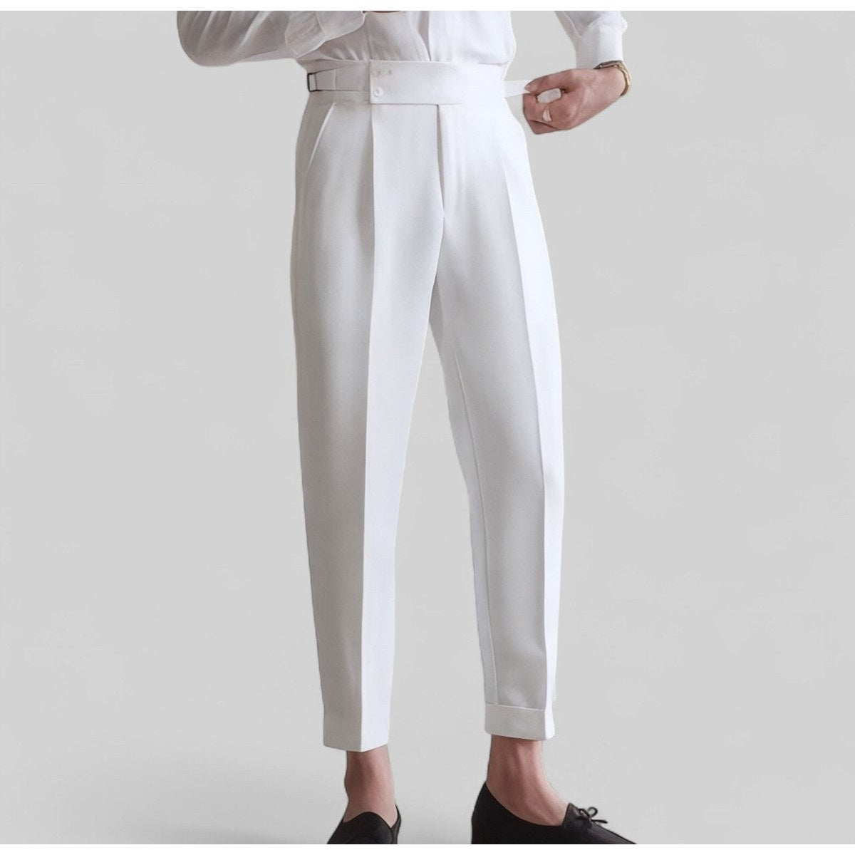 Men's baby blue shirt and white high-waist trousers set