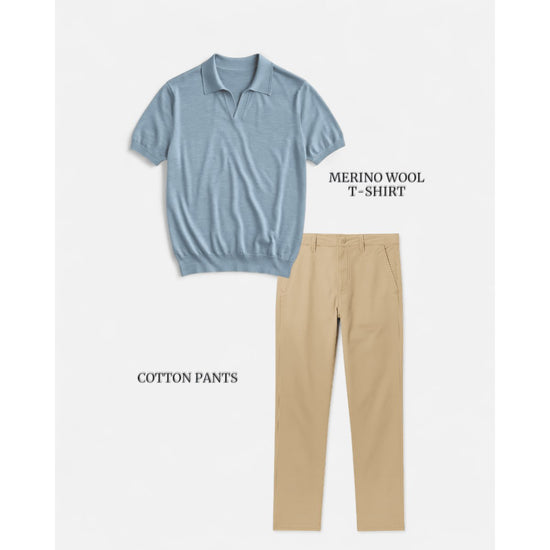 Men's baby blue t-shirt and beige pants set