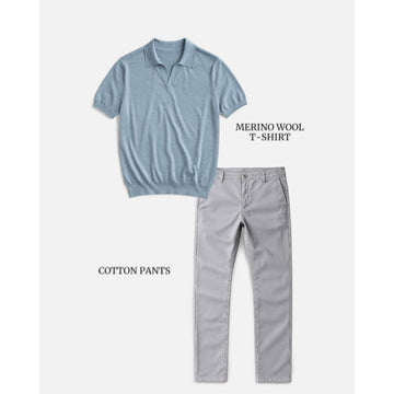 Men's baby blue t-shirt and light gray pants set