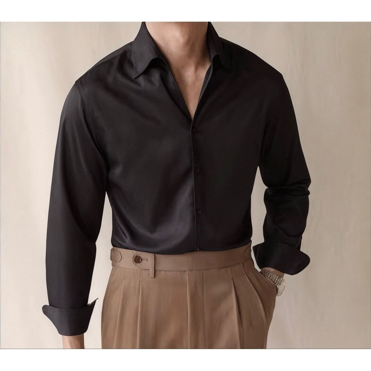 Men's black shirt and white high-waist trousers set