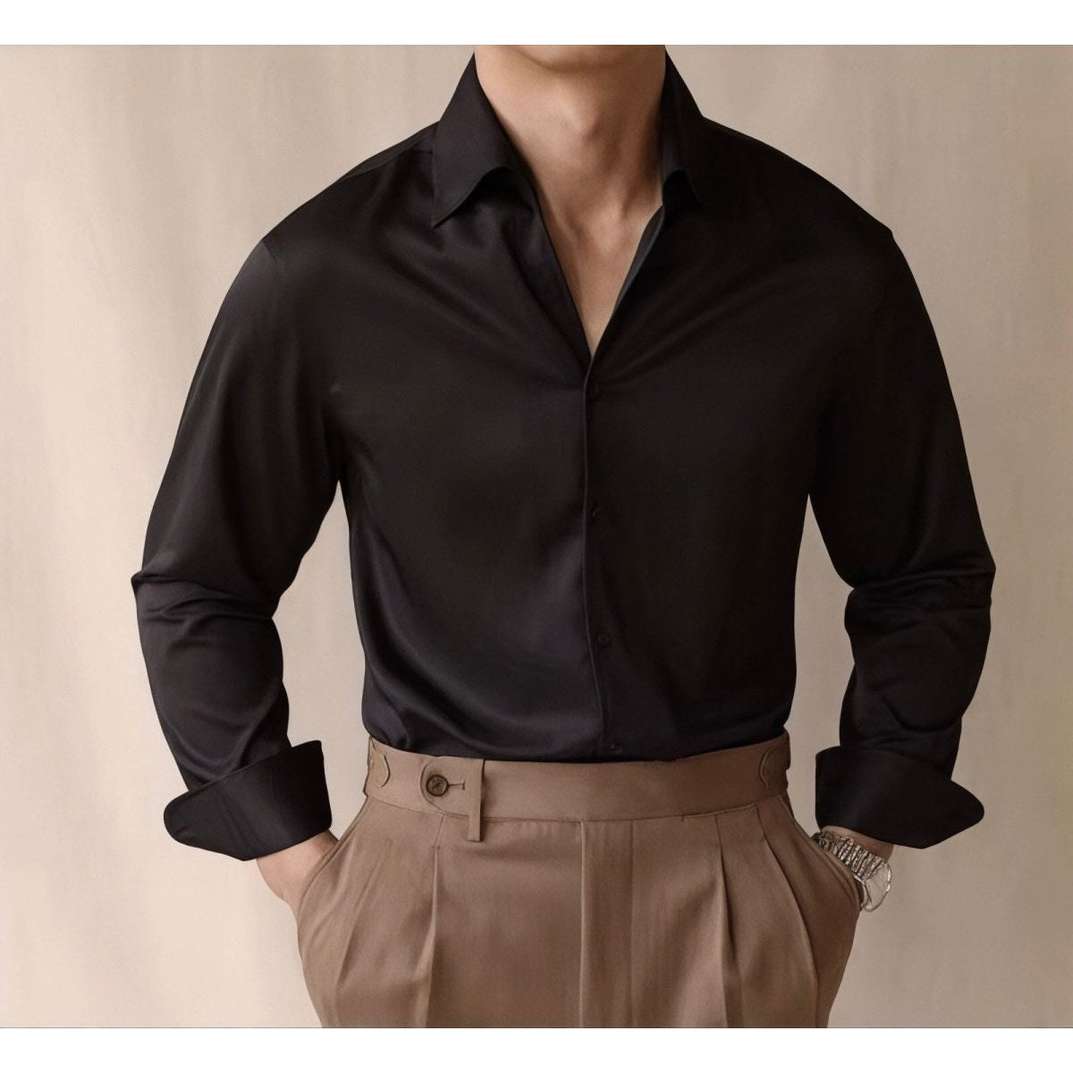 Men's black shirt and white high-waist trousers set