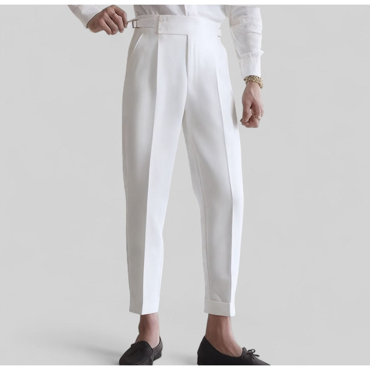 Men's black shirt and white high-waist trousers set