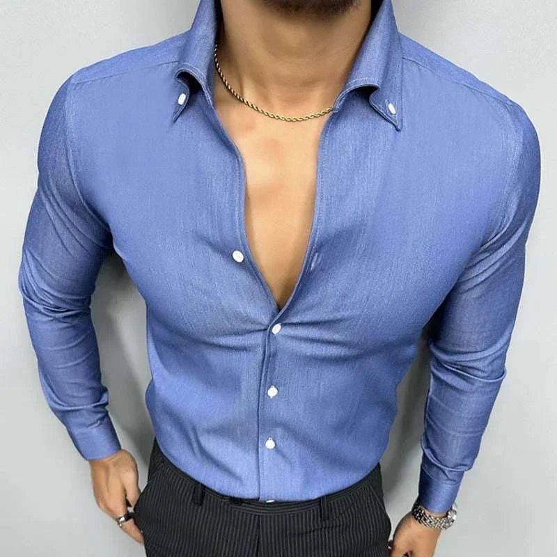 Men's Blue and Black Office Dress Shirt