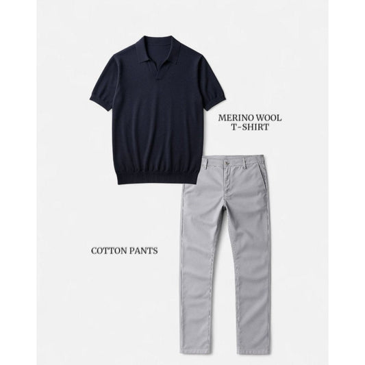 Men's navy blue t-shirt and light gray pants set