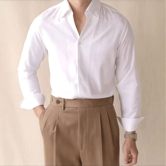 Men's white shirt and white high-waist trousers set